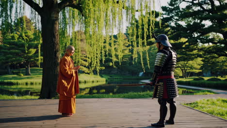 monk and samurai in a japanese garden