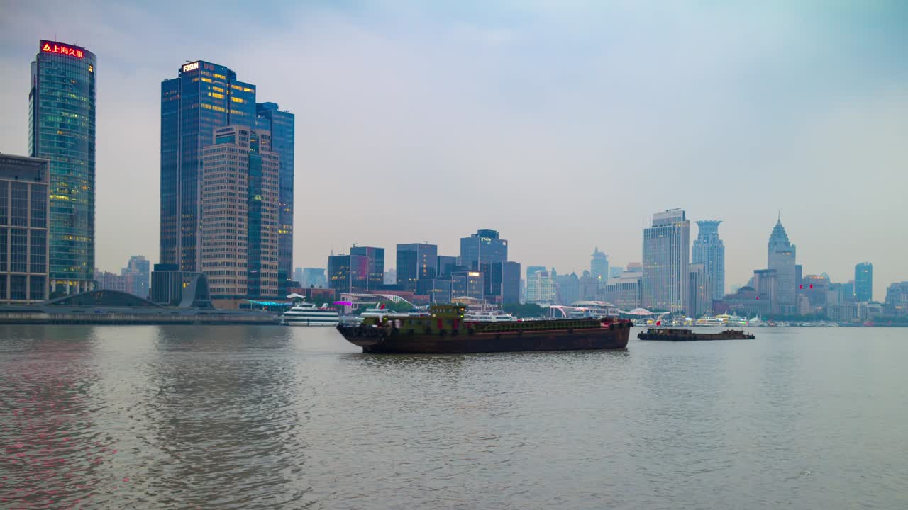 상하이 시내 풍경, 강변 교통, 베이 파노라마, 4k 타임스, 중국