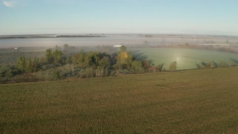 morning fog shrouds green fields with highway cutting through agricultural land