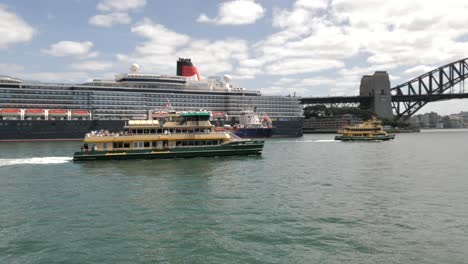 Slow-pan-around-yellow-ocean-ferry-to-reveal-iconic-tourist-attraction-landmark-Sydney-Harbour-Bridge-on-sunny-day