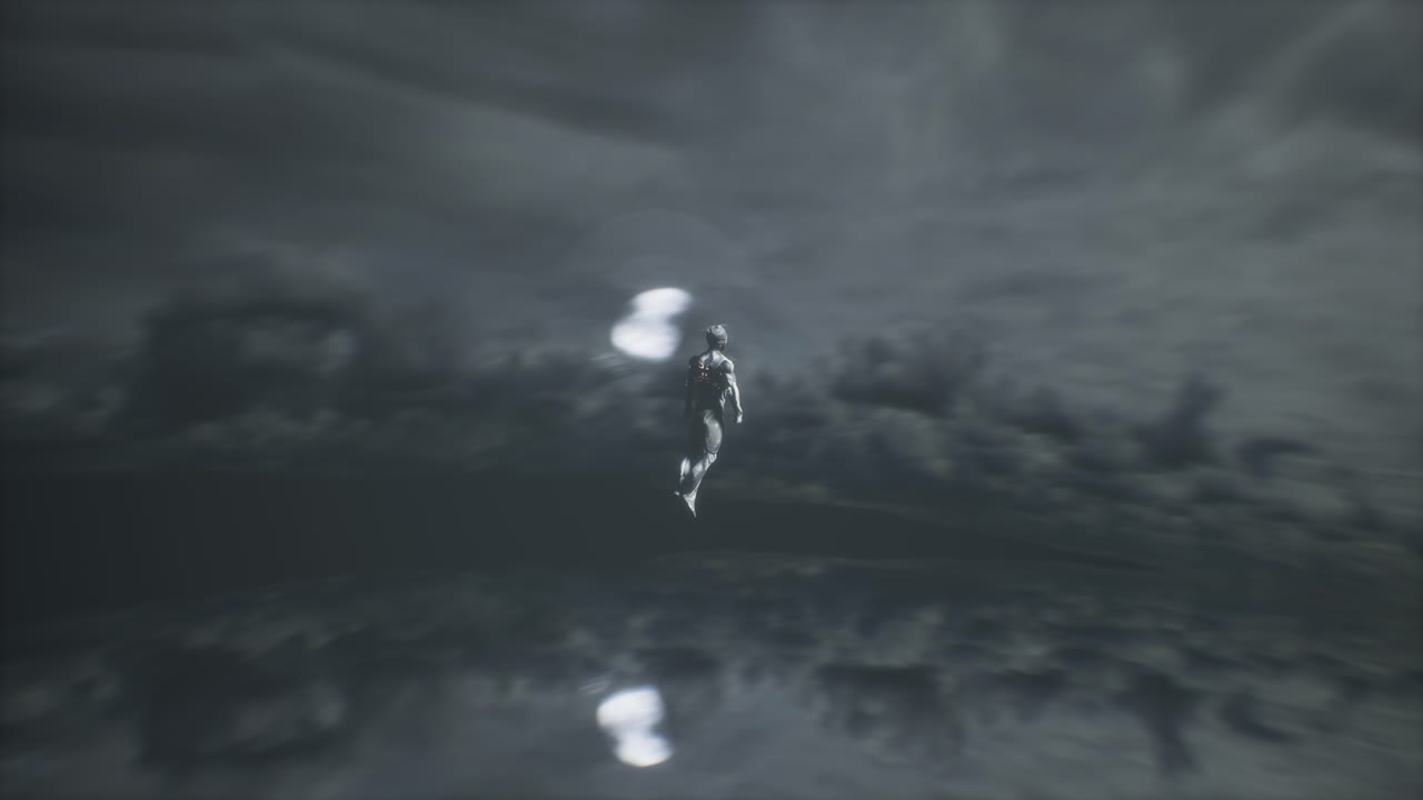 escena cgi de un misterioso guerrero alienígena flotando volando en el cielo nocturno y las nubes
