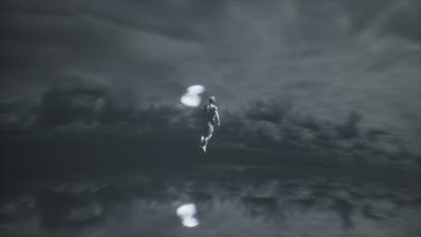 cgi scene of a mysterious alien warrior floating flying in the night sky and clouds