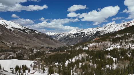 aerial view slowly panning over pine trees with snowcapped mountains in the background with partly cloudy skies, san juan mountains, colorado