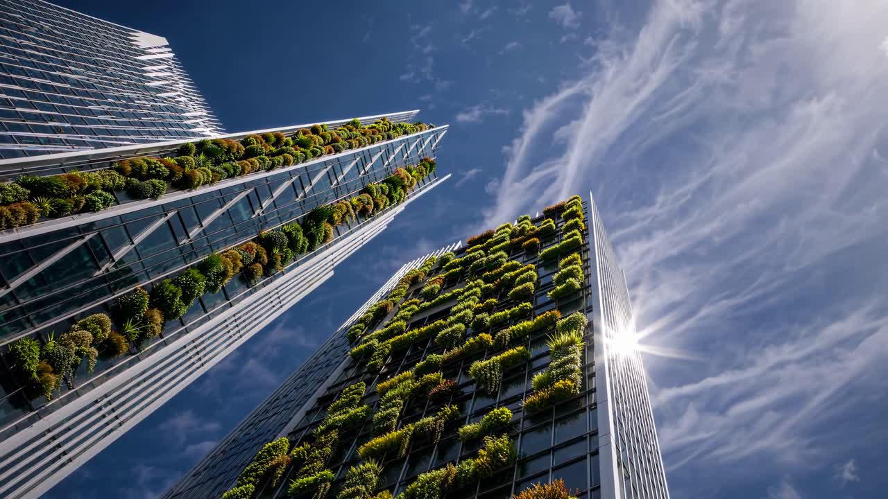 Vídeo em ângulo baixo de arranha-céus modernos com jardins verticais, capturando a fusão da arquitetura.