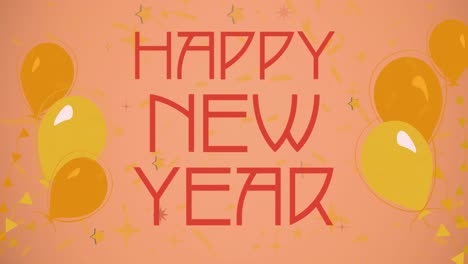 Animation-of-happy-new-year-text-in-red-with-yellow-balloons-on-orange-background