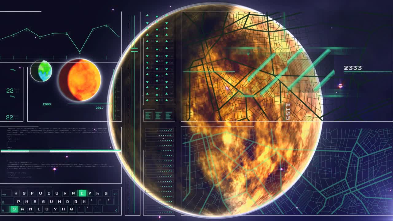 HUD sliding from left, overlaying planet with map grids and scanning beams for orbital mapping