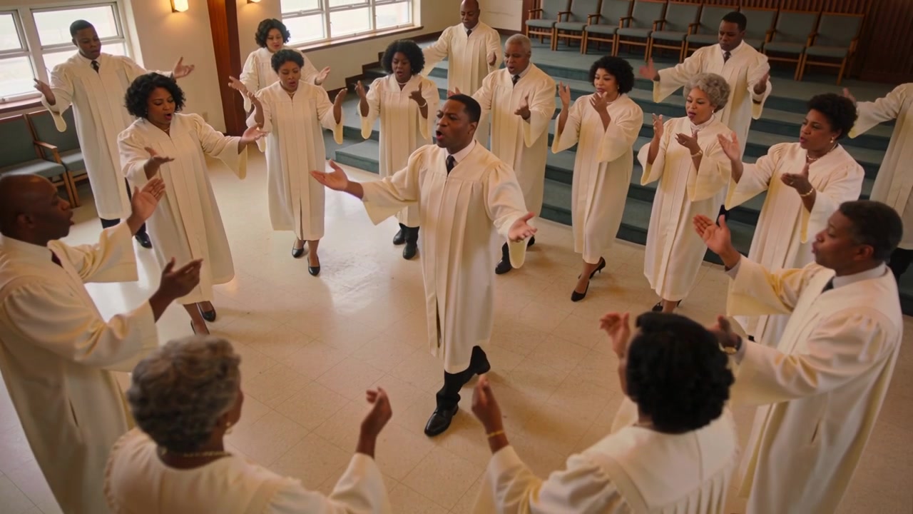 Raising arms choir director leading singers in call-and-response, worshiping at church with robes