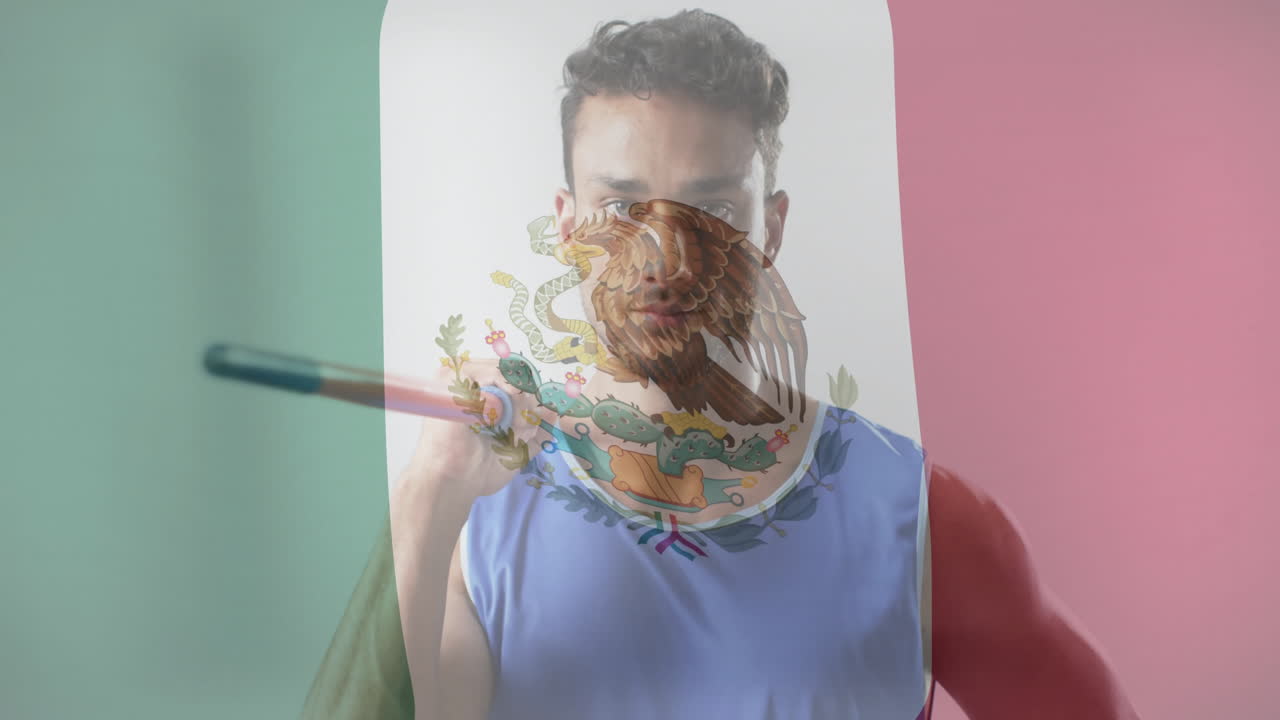 animación de la bandera de italia sobre caucásico hombre lanzador de jabalina