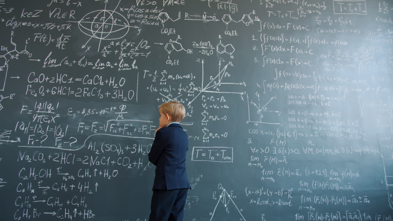 Young Boy in Formal Wear Contemplating Complex Equations on a Blackboard