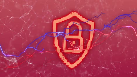 animación de un candado de seguridad en línea con una red de conexiones sobre fondo rojo