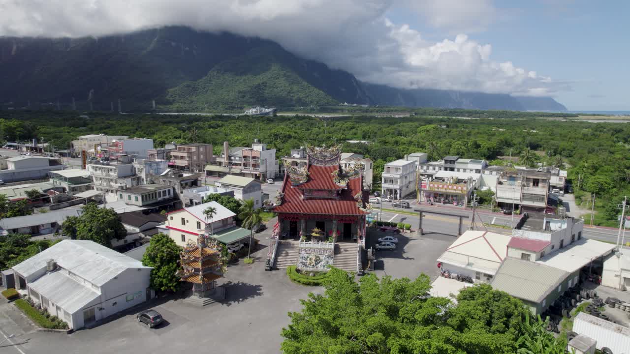 Aerial view of Xincheng Township Taoist temple in Hualien County, Taiwan, entrance to the beautiful Taroko National Park on the east coast of the Island of Taiwan