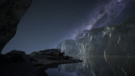 Hyperlapse-Des-Nächtlichen-Sternenhimmels-Mit-Berg--Und-Meeresstrand-Auf-Den-Lofoten,-Norwegen