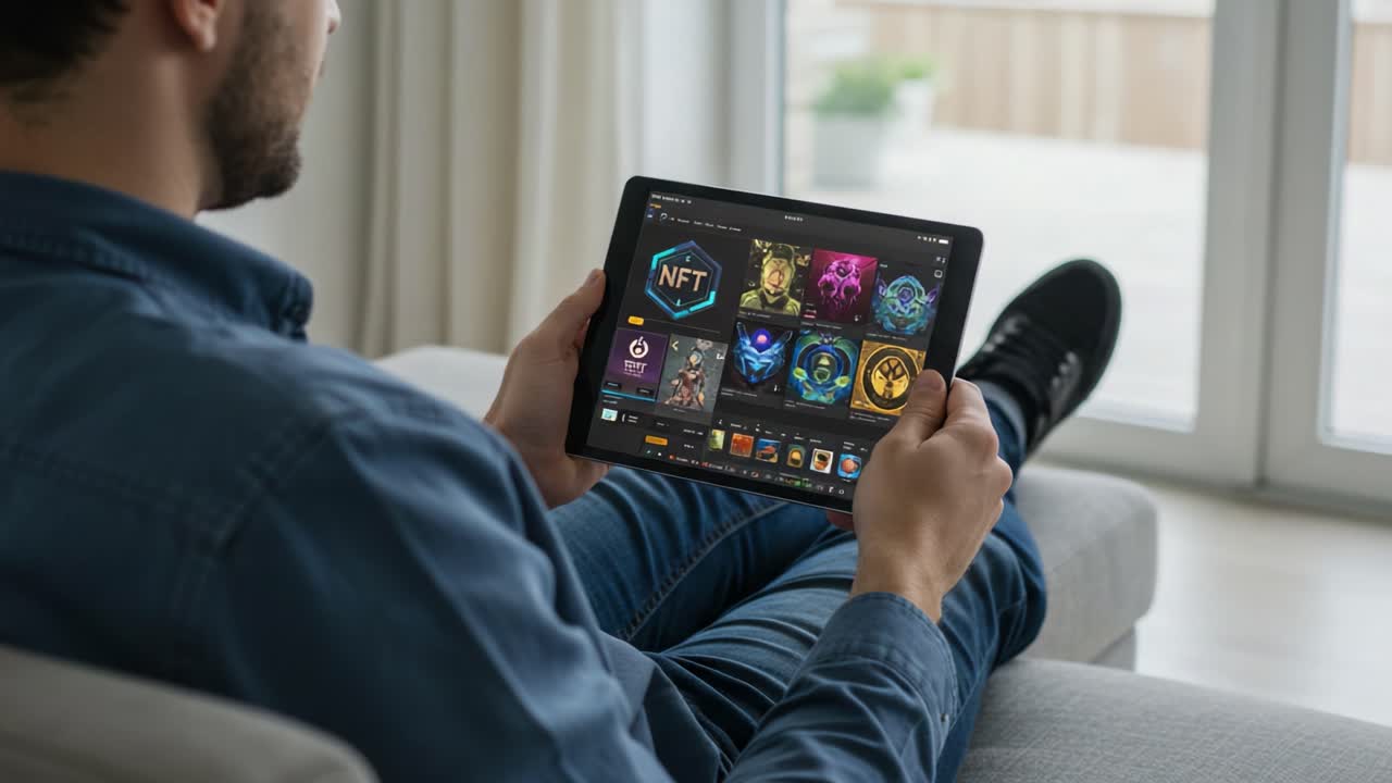Exploring Digital Collectibles: A Young Man Engages with a Tablet Displaying Intriguing NFT Artwork and Collections from a Cozy Lounge Environment