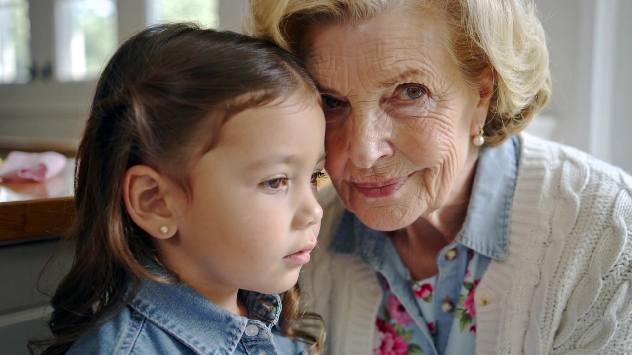 Nonna che si china sorridendo e mostrando affetto dopo essersi seduta accanto alla bambina al bancone, con cardigan e frutta