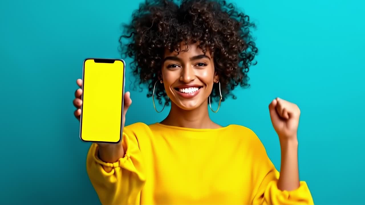 Una donna con una felpa gialla che tiene in mano un telefono giallo