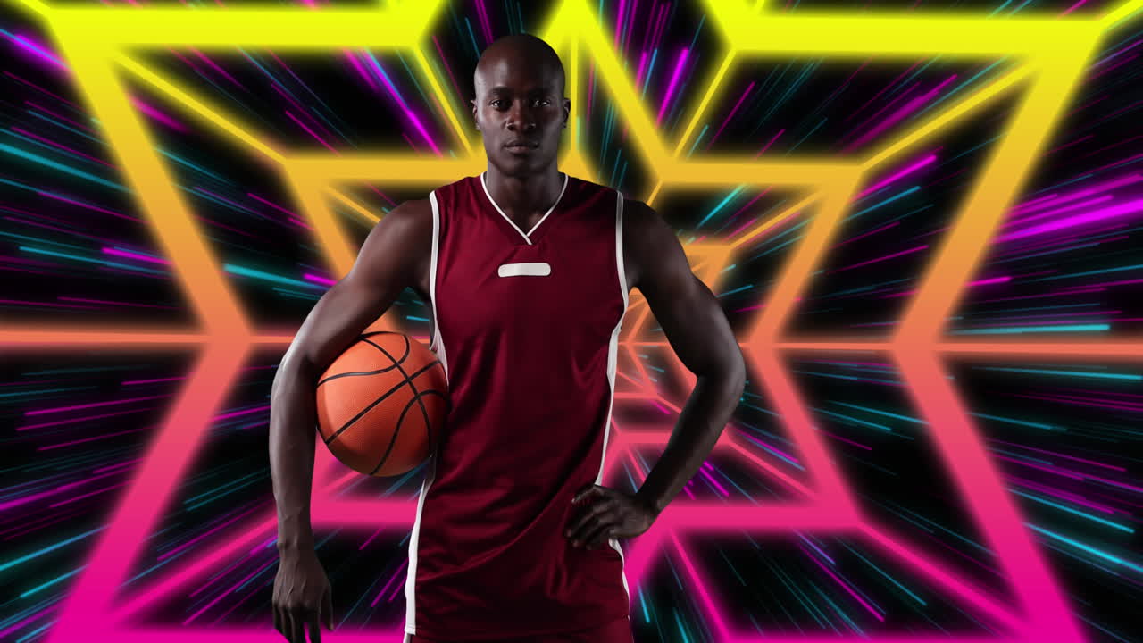 jugador de baloncesto afroamericano que sostiene una pelota de baloncesto contra formas estelares en un patrón sin costuras