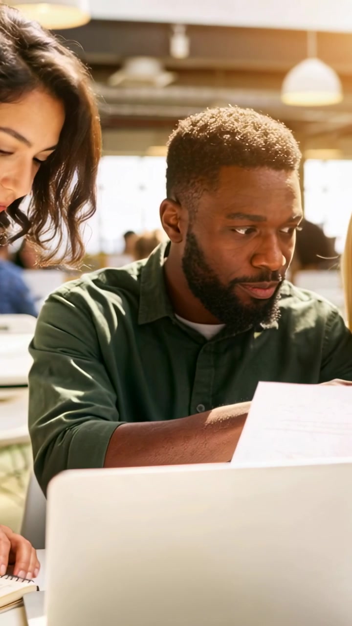 Vertical video: Leaning woman urging man in green shirt reading doc and reviewing laptop in office