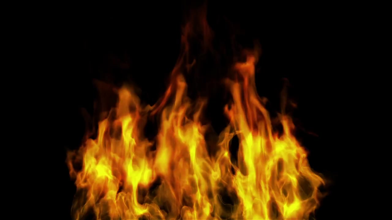 Realistic bonfire or campfire burns intensely with hot yellow and orange flames on a black background. Seamlessly looping animation, perfect as a visual effect or background element