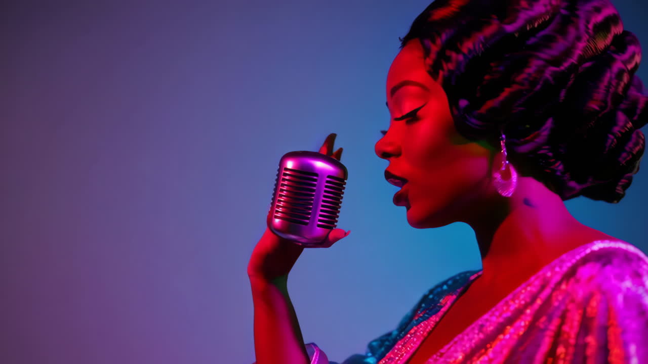 Woman Singing into Vintage Microphone with Neon Lights