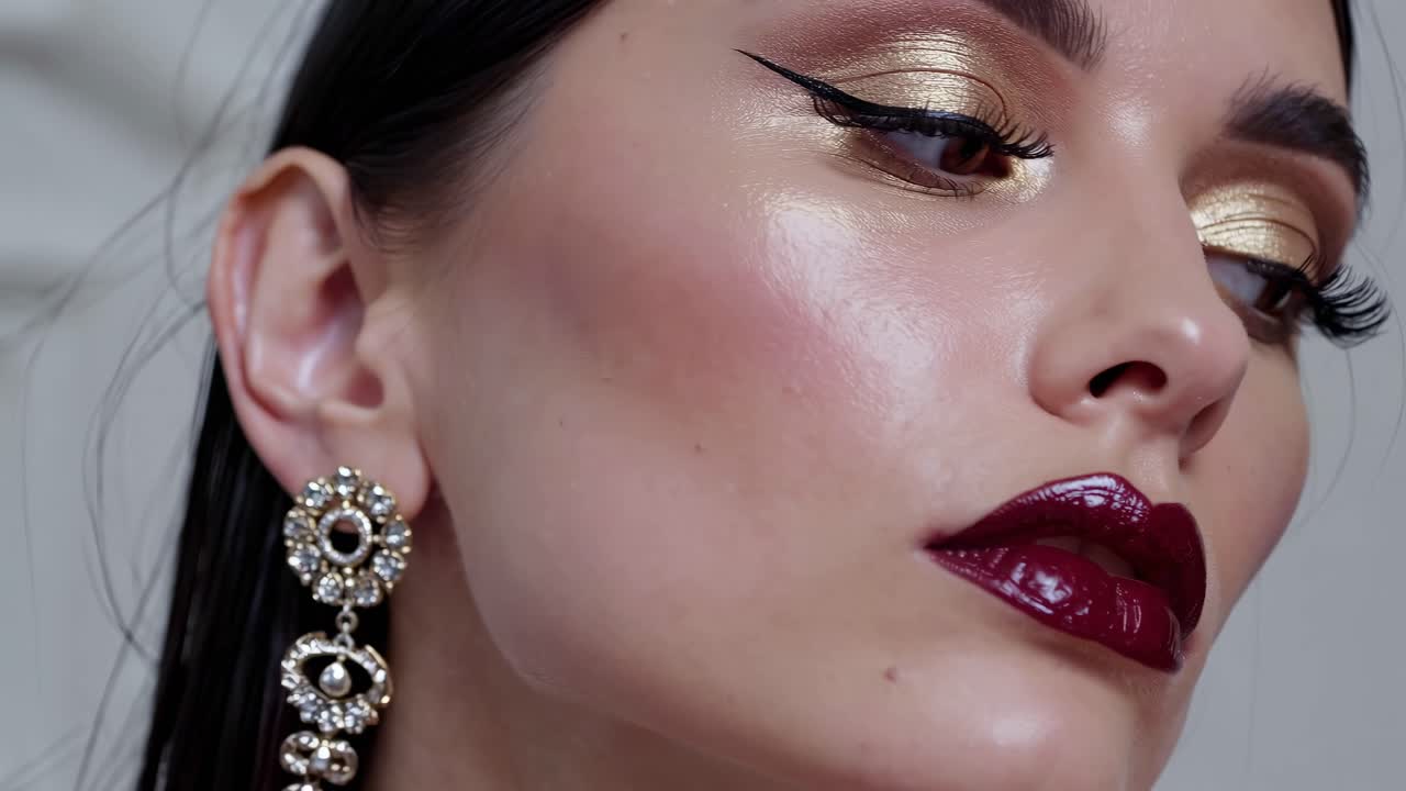 Un angolo ravvicinato cattura un trucco glamour con ombretto e rossetto audaci, perfetto