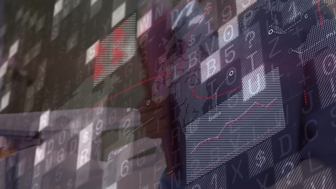 Adult male leaning and sliding tablet across desk, activating animated charts for business analysis