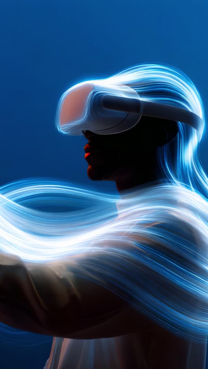 An immersive virtual reality experience showcasing a person donned in VR headset, surrounded by flowing light, symbolizing the blend of technology and creativity