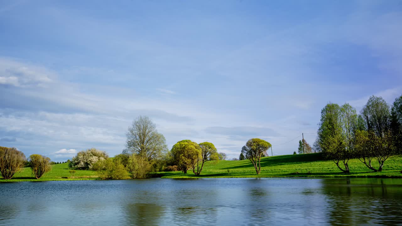 Serene spring landscape timelapse with blooming trees and reflections on calm lake under bright blue sky with moving clouds