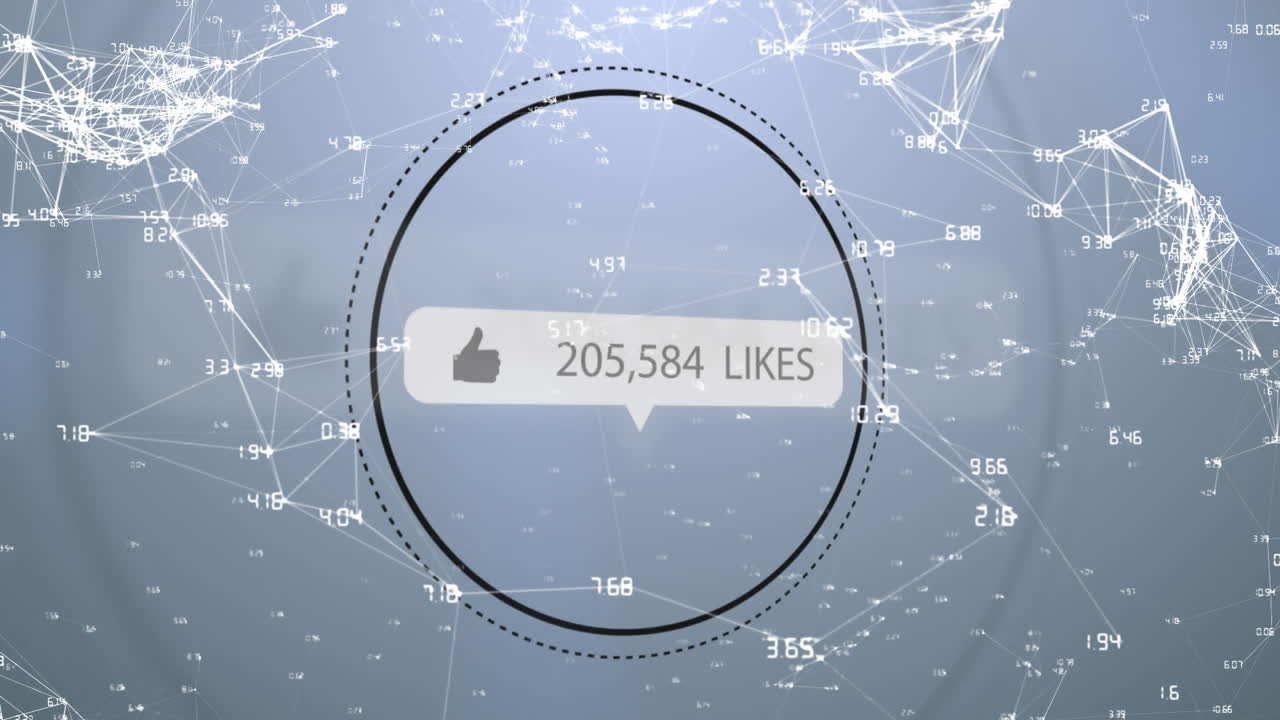 Speech bubble with thumbs up icon and increasing numbers against network of connections