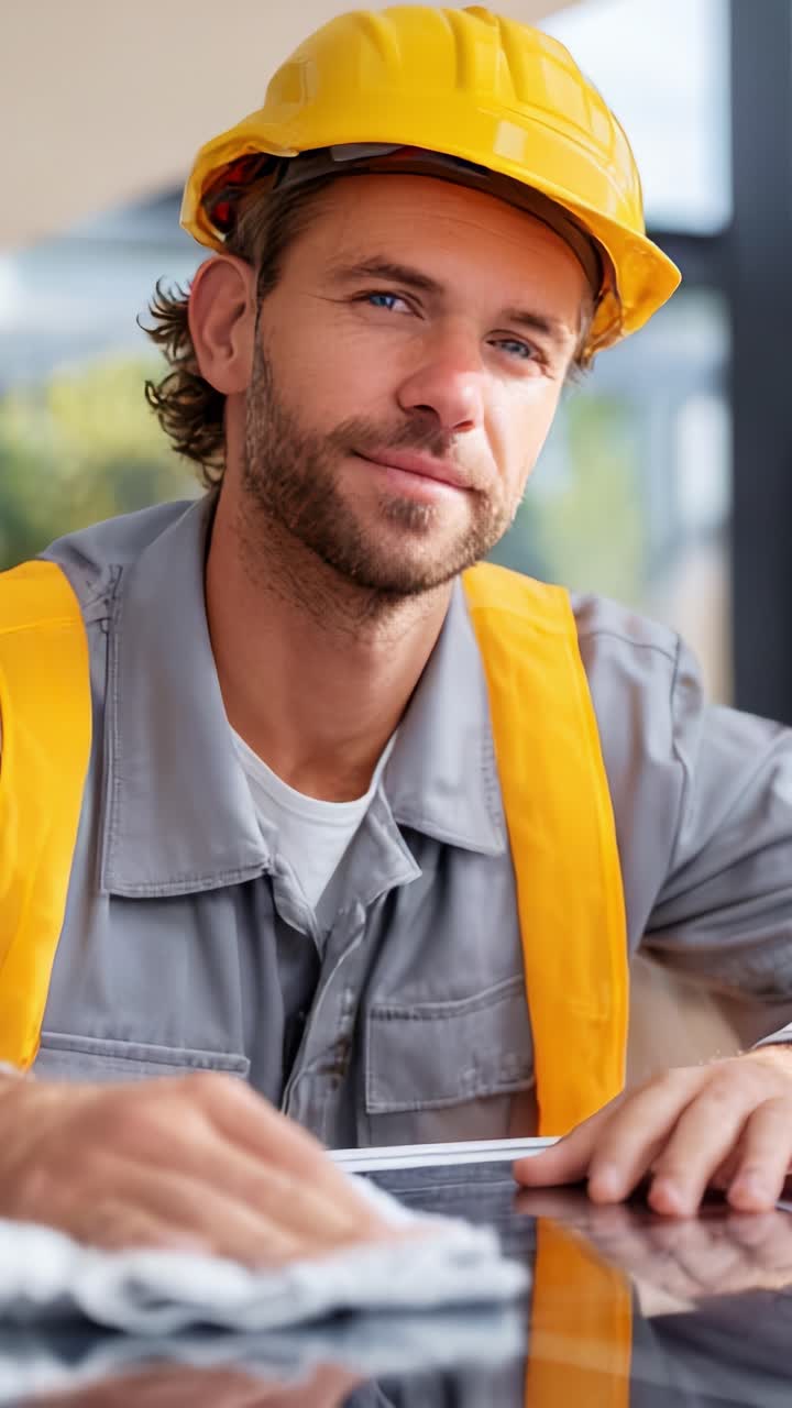 Un operaio edile concentrato, con un cappello giallo e un'uniforme grigia, che appoggia le braccia su un tavolo, mostrando determinazione e professionalità sul posto di lavoro