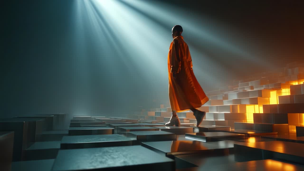 A silhouette figure in an orange cloak strides confidently across a platform illuminated by beams of light, creating a dramatic and captivating scene of artistry and motion