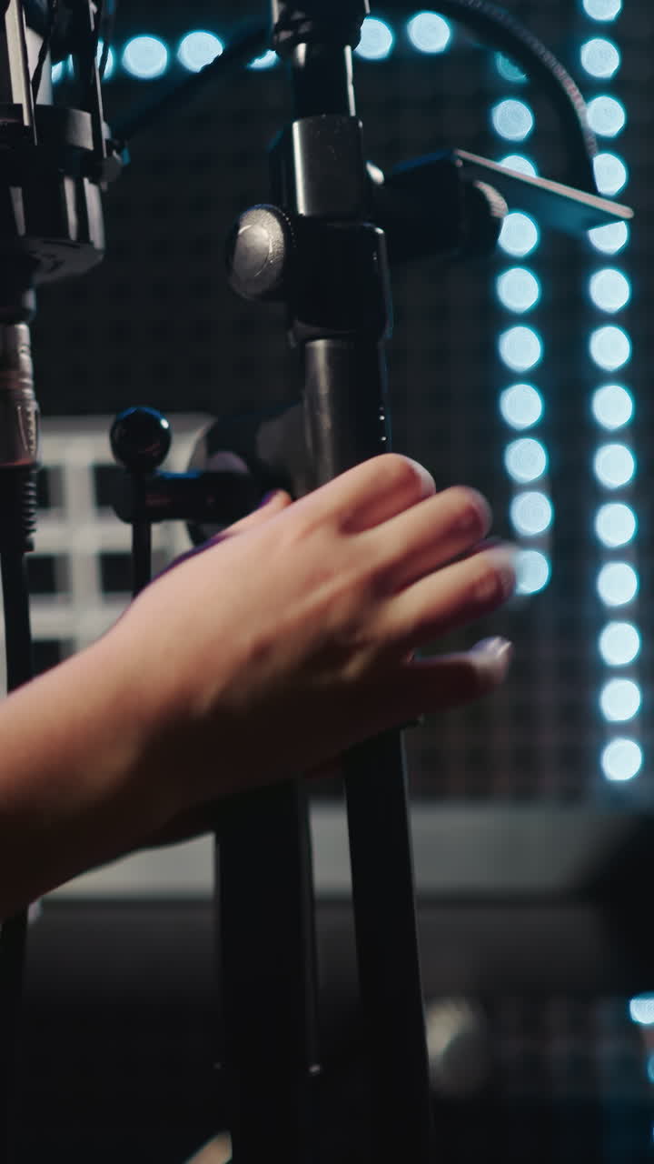 아이는 오디오 스튜디오에서 마이크 스탠드를 가지고 놀고, 어린 소녀는 단열된 방에서 노래하는 동안 악기 키를 누르며 모방합니다.