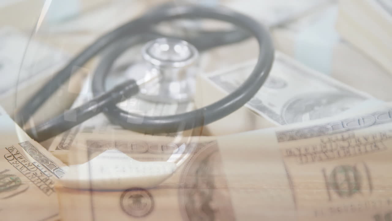 Animation of stethoscope and banknotes over hourglass