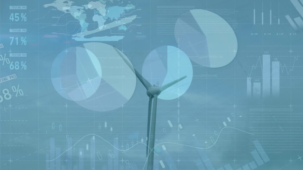 시골 풍경에서 풍력 터빈에 대한 통계 및 데이터 처리의 애니메이션