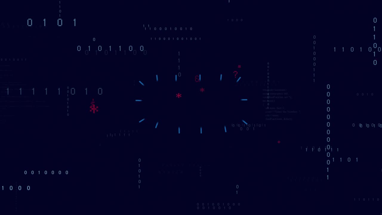 Faint cyan ticks starting motion, colorful shapes orbiting, pulsing over code, showing contrast