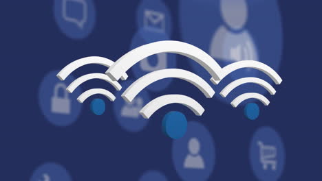 animation of wifi and digital icons floating over blue background