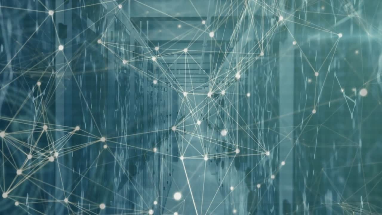 Faint white nodes forming along data center racks and connecting lines growing simulating data flow
