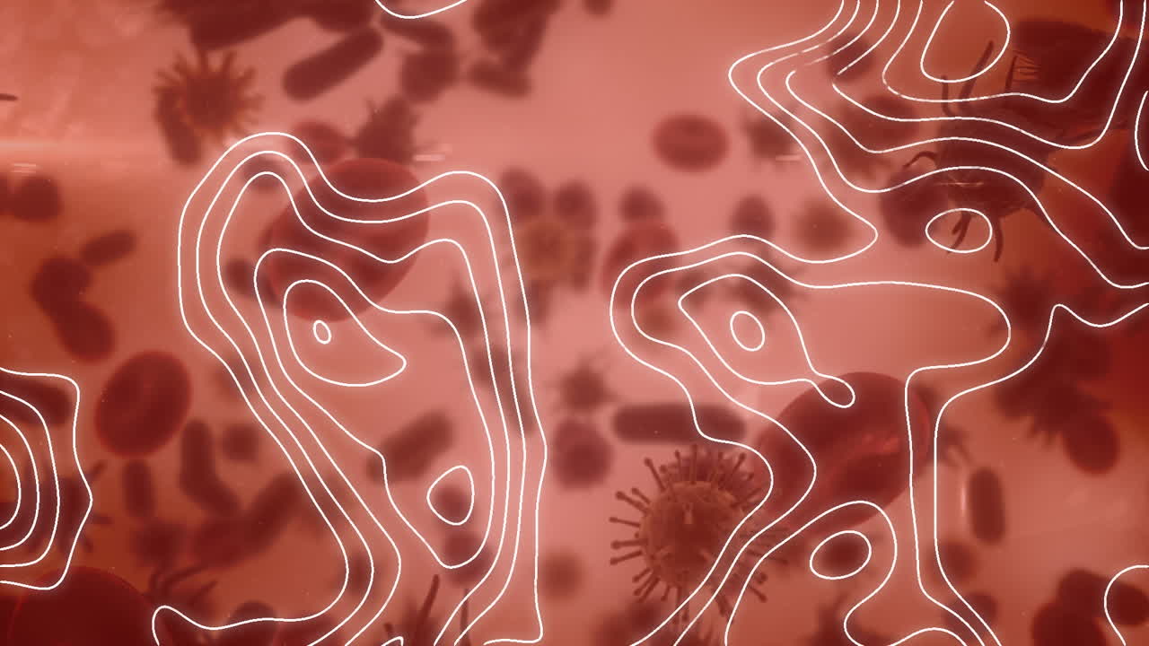 빨간색 배경에 움직이는 세포 위에 움직이는 선의 애니메이션