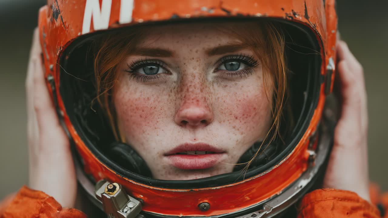 A Captivating Portrait of a Young Woman in an Orange Space Helmet, Reflecting Strength and Determination with Striking Freckles and Intense Blue Eyes