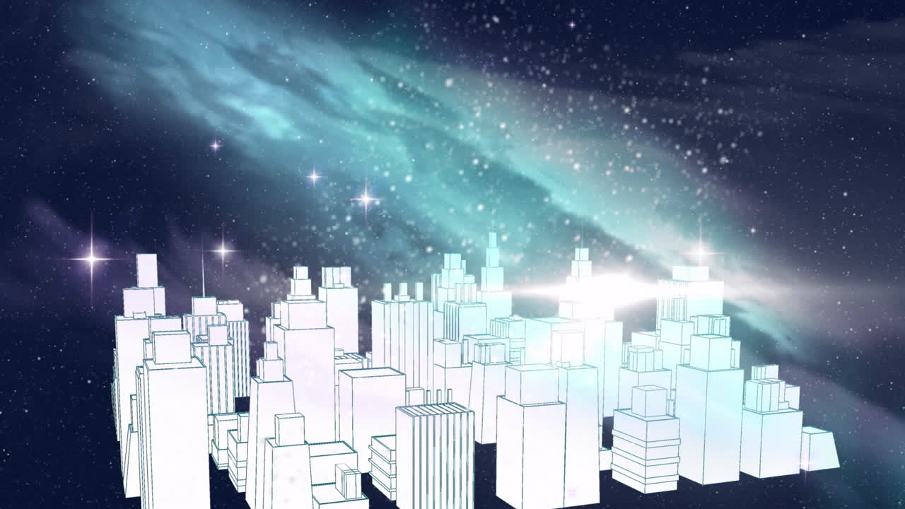 Abstract cityscape with glowing buildings under starry night sky animation