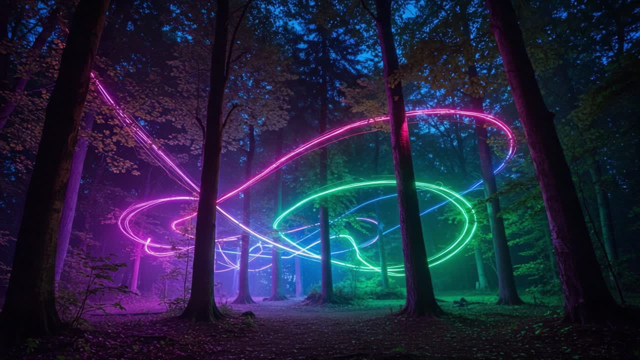 A Vibrant Display of Colorful Lights Dancing Among the Trees in a Mystical Forest at Night, Creating a Captivating Scene Full of Energy and Enchantment