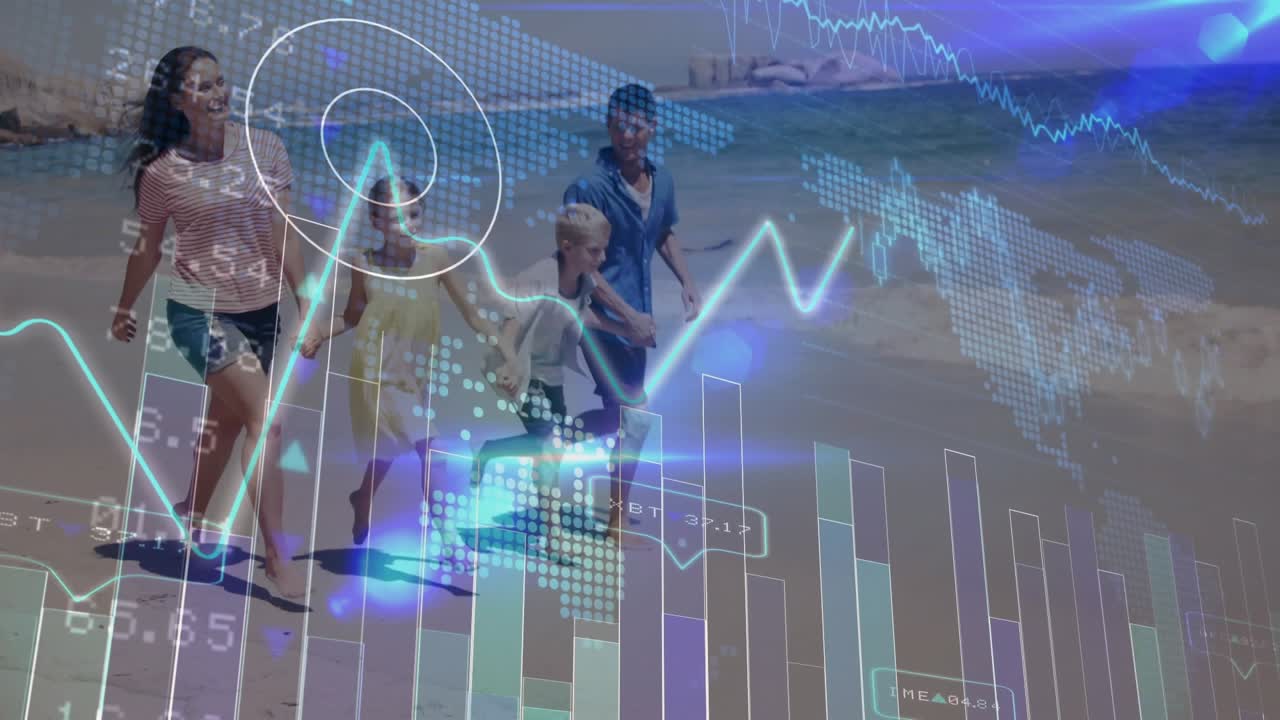 Family walking shoreline, parents guiding kids, overlay animating financial HUD aligning near adult