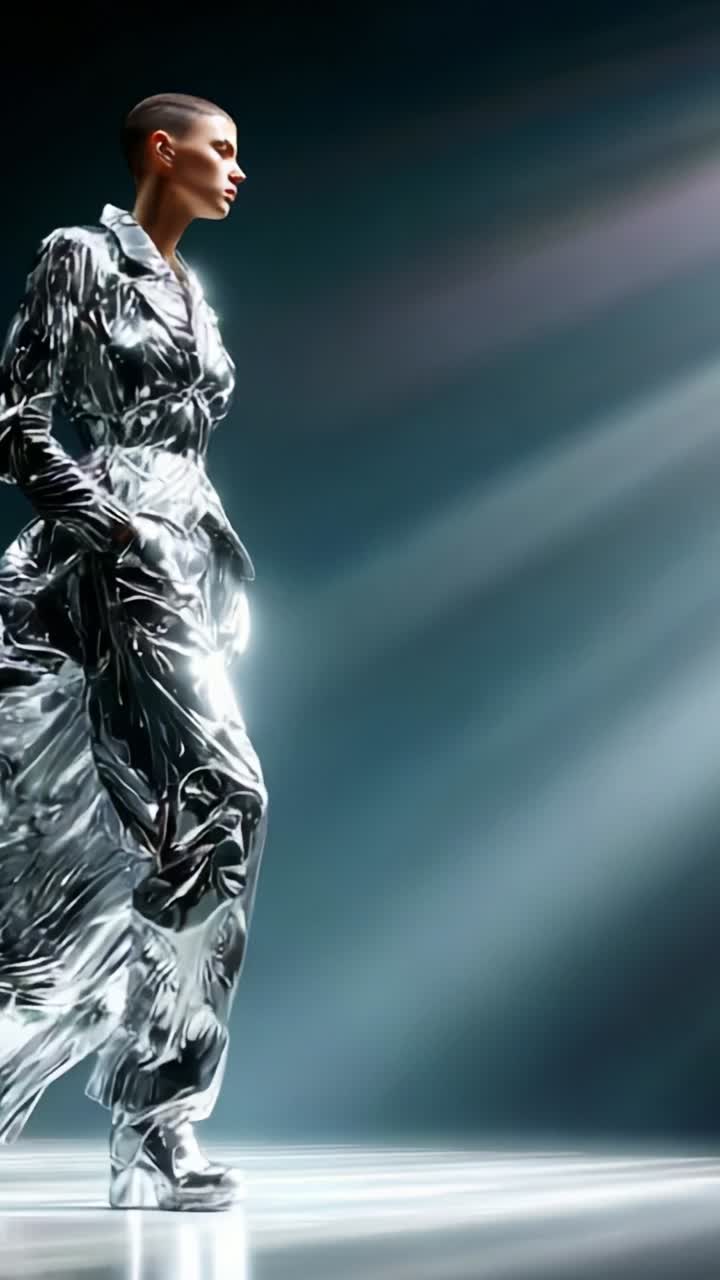 A Stunning Model Walks Confidently in a Shiny Silver Designer Outfit, Showcasing Elegance and Fashion Innovation in Dramatic Spotlight on Runway
