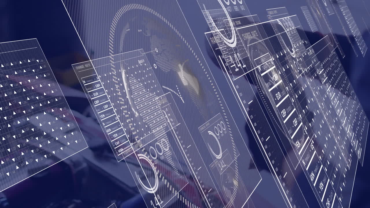 woman reviewing financial dashboard overlays in tech office, showing currency metrics and charts