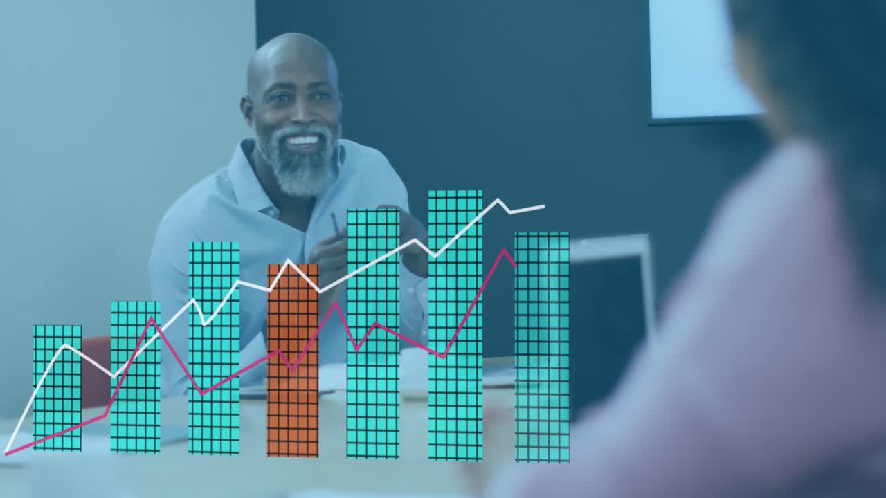 animación del procesamiento de datos estadísticos contra hombres y mujeres diversos discutiendo en la oficina