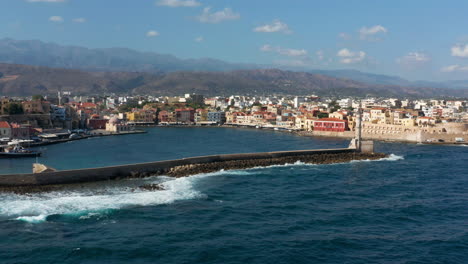 Chania-Harbor-View-And-Lighthouse-At-Old-Venetian-Port-Of-Chania-In-Greece