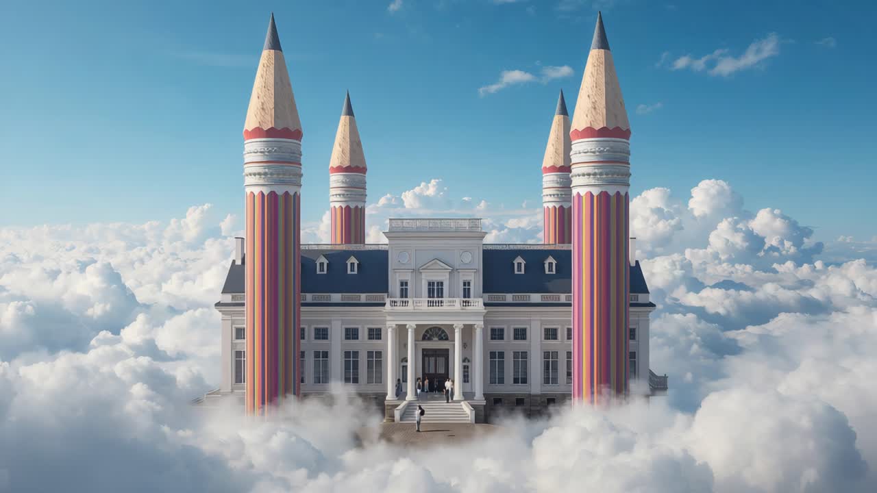 Surreal Pencil Castle in the Clouds