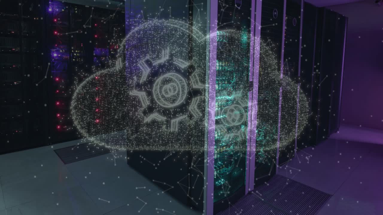 Animation of cloud with cogs icon over server room