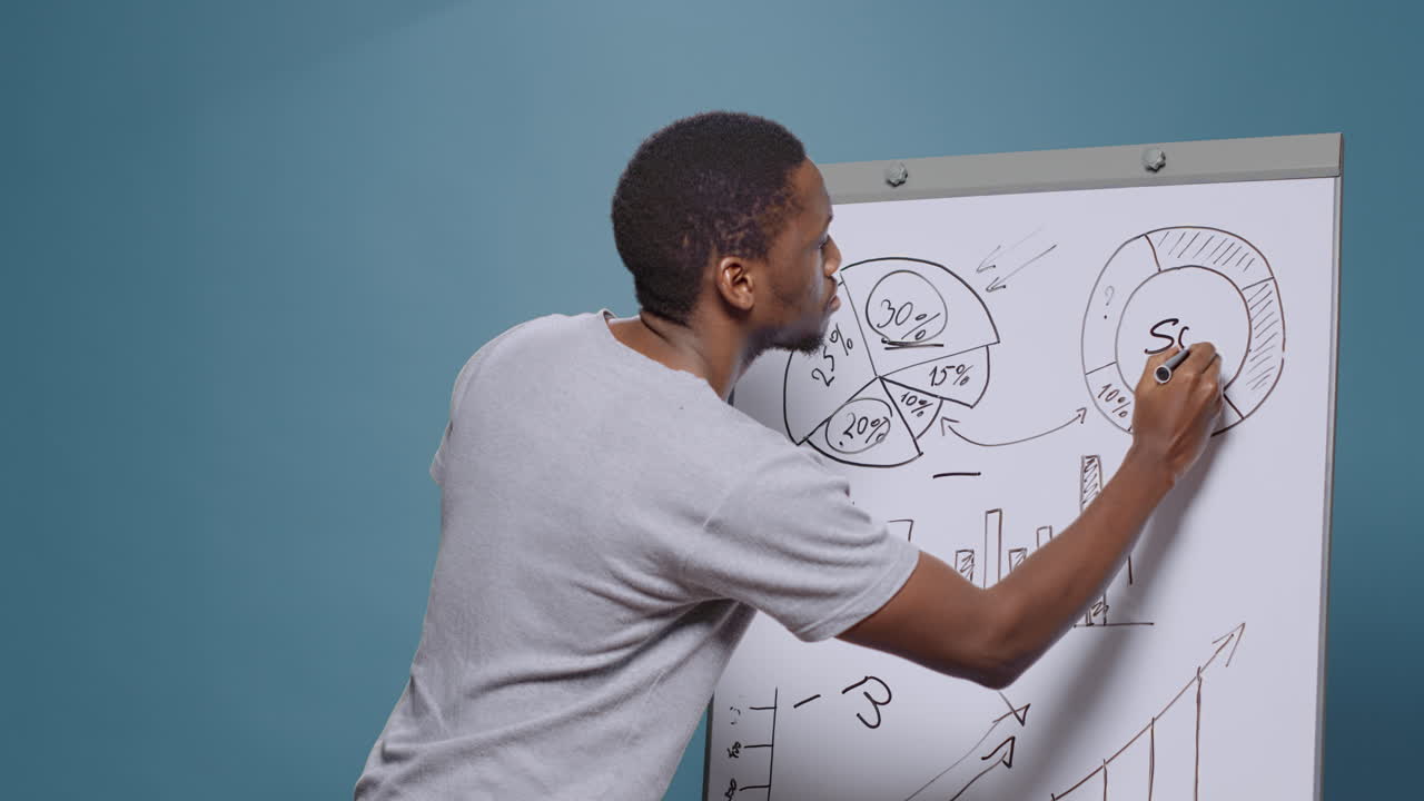 Company worker brainstorming ideas to create charts presentation