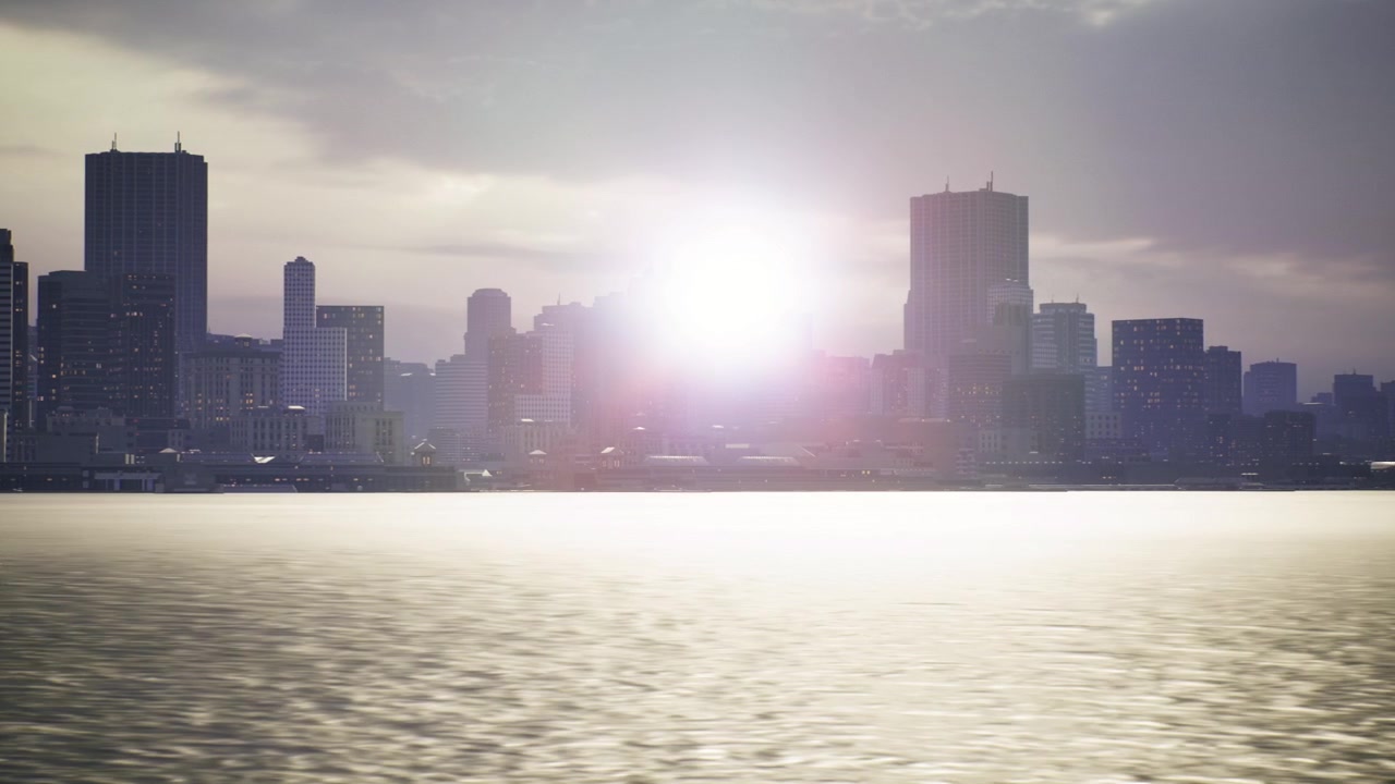 Peaceful morning light reveals calm horizon with distant tall buildings