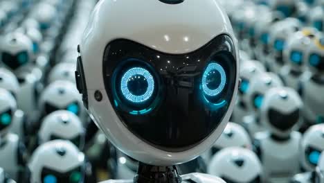 A robot standing in front of a large group of robots
